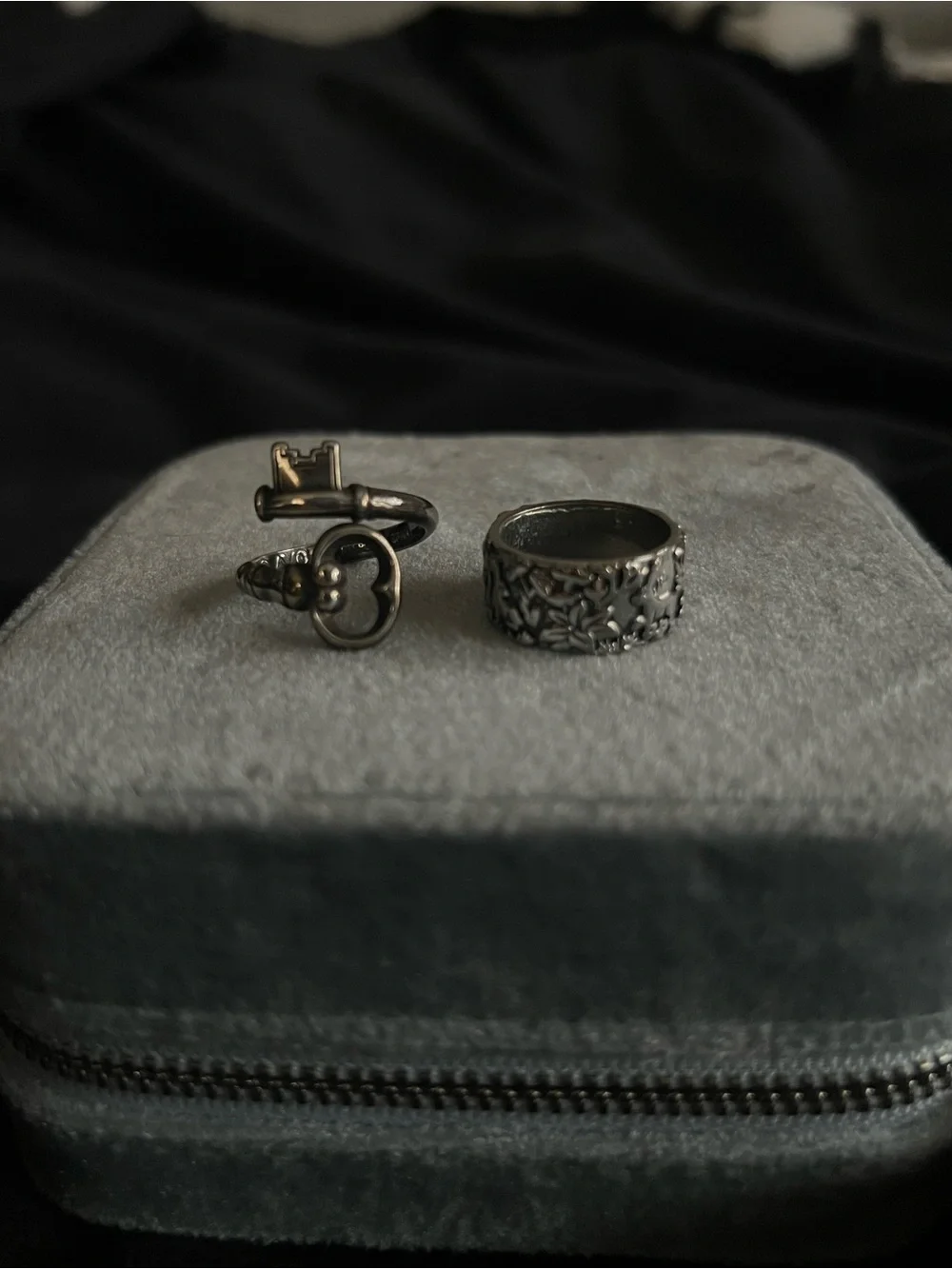 Silver-Tone Key and Textured Band Ring Set